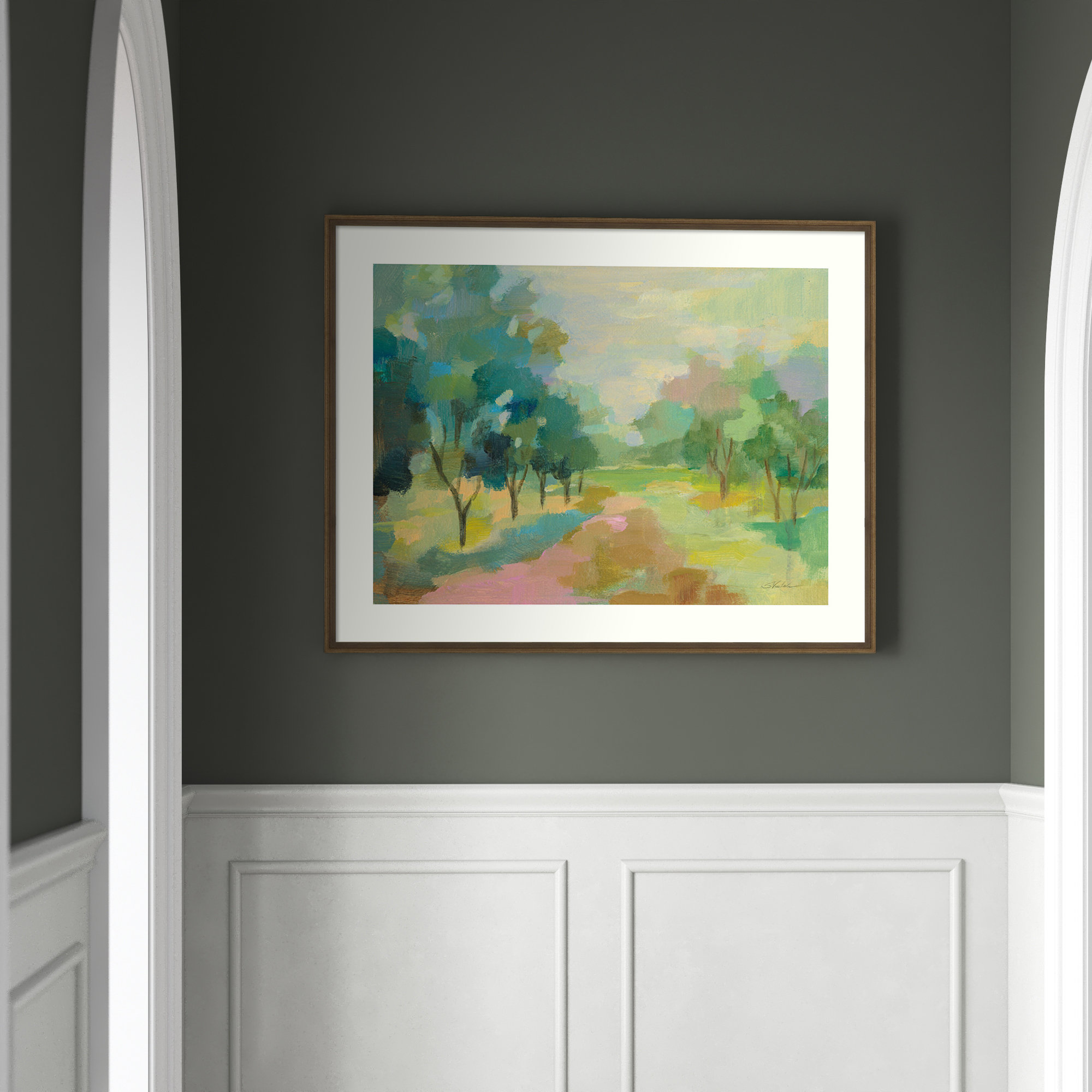 Sunrise Forest by Silvia Vassileva, 28" H x 35" W, Light Bronze Framed Paper