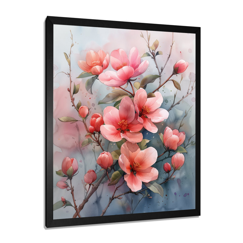  «Pink Grey Tender Bloom Apple Blossom I - Art mural fleur de pommier, H 12 po x l 20 po, Cadre simple noir