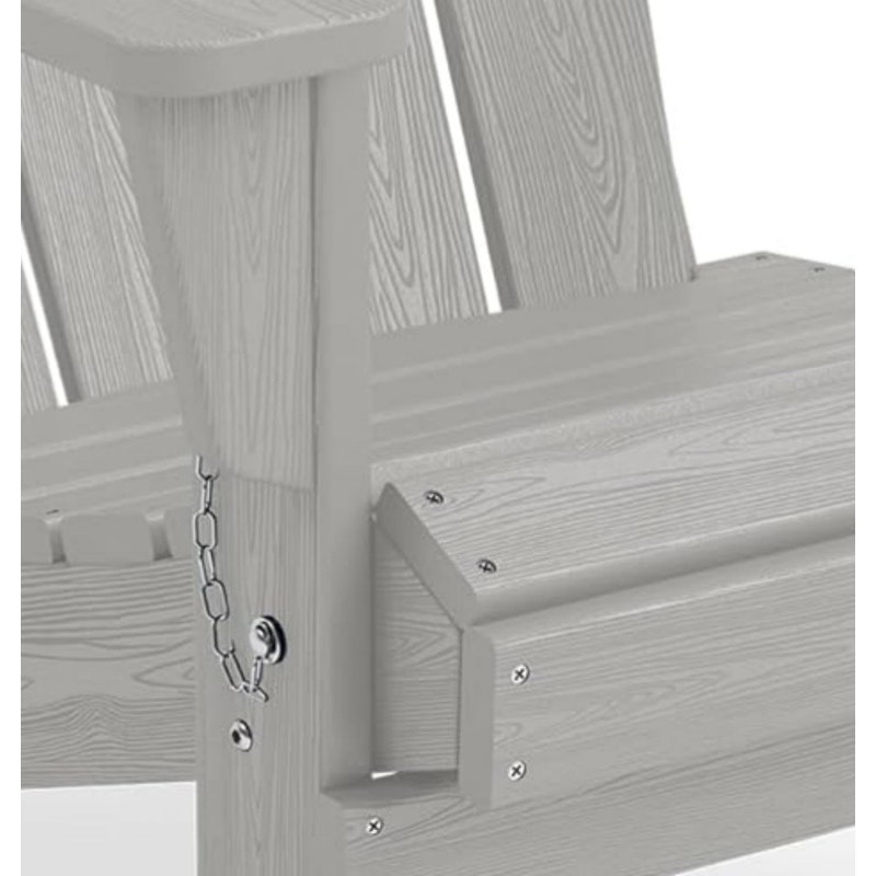 Silver-Grey HDPE All-Weather Folding Adirondack Chair With Wood Grain Texture And Cup Holder. Ideal For Patios, Pools, Backyards, And Terraces.