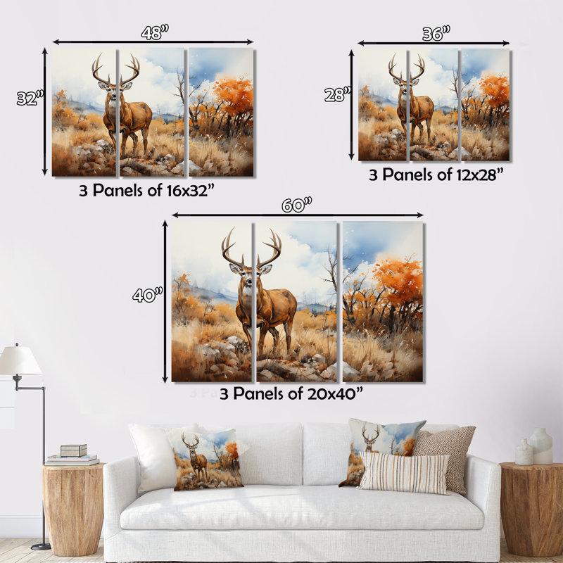 Cerf doré sérénité sur toile, 3 pièces, H 40 po x l 60 po x P 1 po
