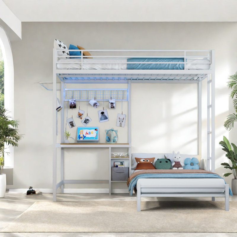 Lits jumeaux gain de place avec rangement, structure en métal, blanc moderne pour la maison