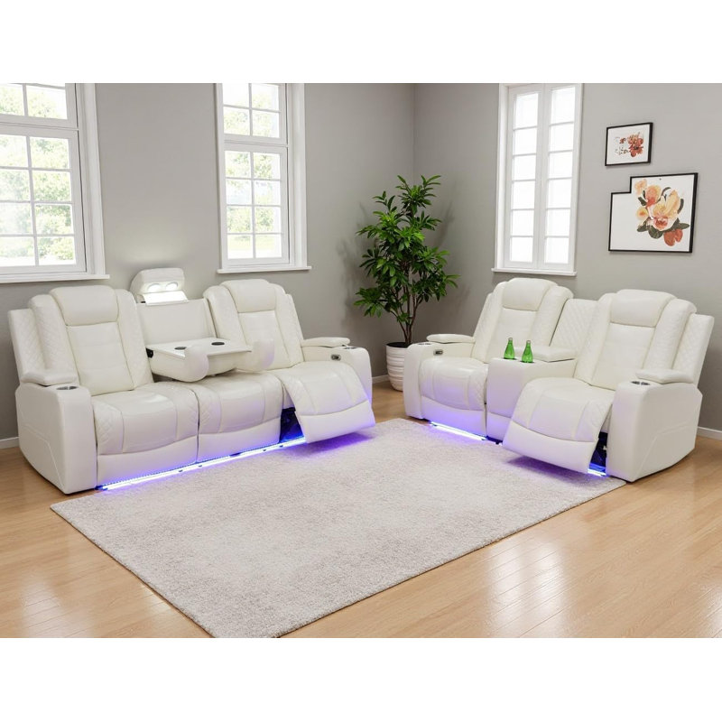 Modern 2-Piece Leather Recliner Set With USB, LED Accents & Wireless Charging Console (Set of 2), Off White