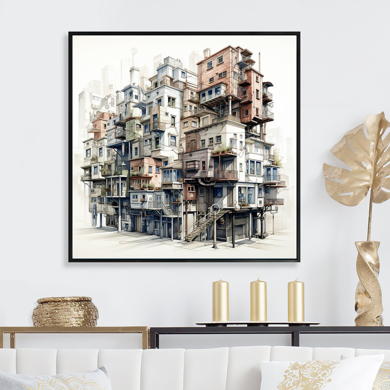 Dessin d'analyse d'un bâtiment urbain IV sur toile, H 24 po x l 24 po x P 1 po, Cadre flottant noir