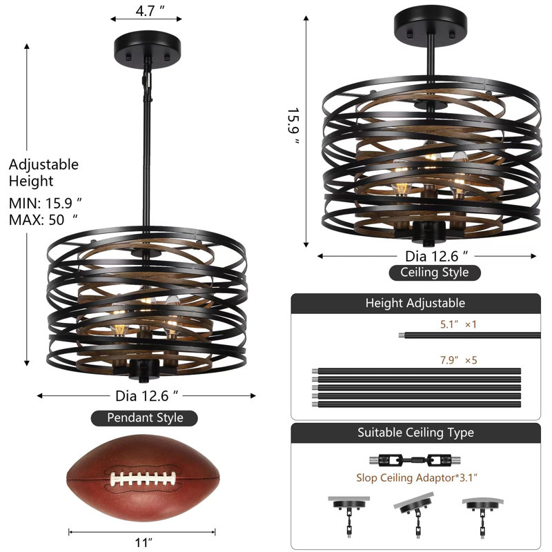 Lustre de salle à manger 3 lumières, Trois lumières, H 15,9 po x l 12,6 po x P 12,6 po