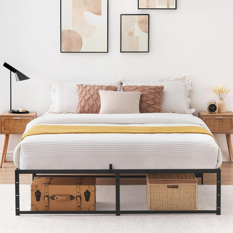 Ultra Sturdy Metal Queen Bed Frame Platform with 3 in 1 Steel Support, 14 inch No Box Spring Needed Easy to Assemble Black Bedframe