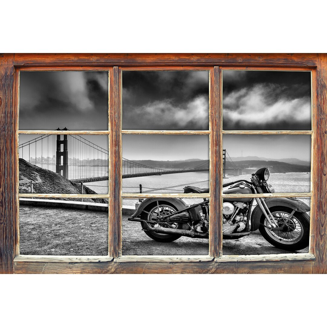 Wandtattoo Harley Bike an Golden Gate Bridge in schwarz weiß