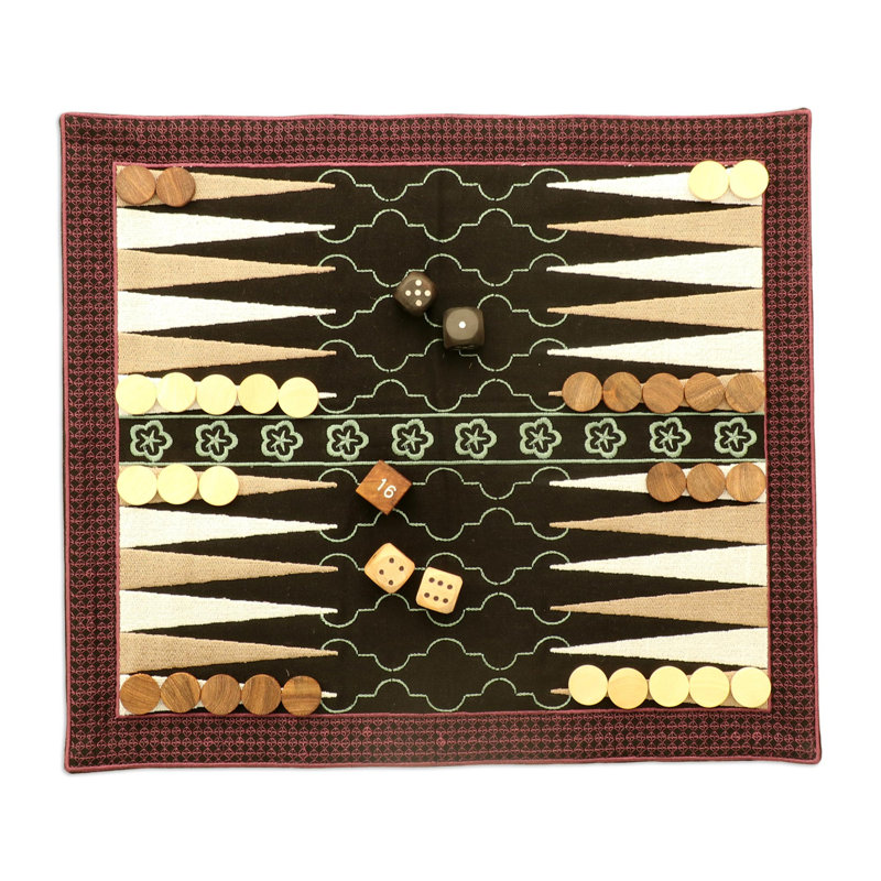Ensemble de backgammon fait à la main en coton olive et bois, Noir