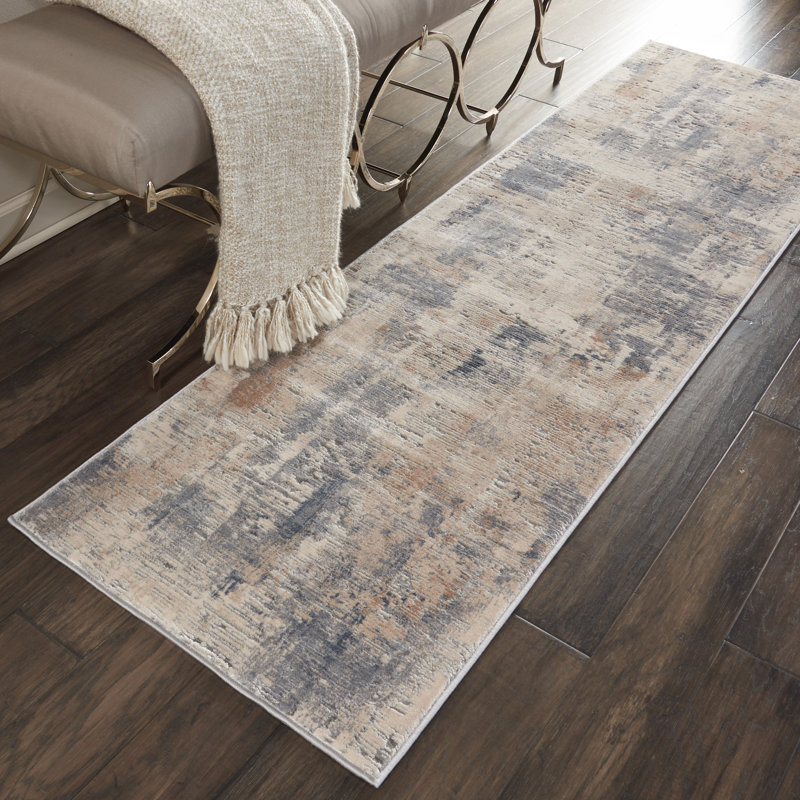 Tapis gris / bleu abstrait tissé à la machine, Tapis de couloir 2 pi 2 po x 7 pi 6 po
