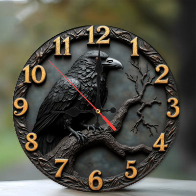Black Raven Wall Clock with Tree Design