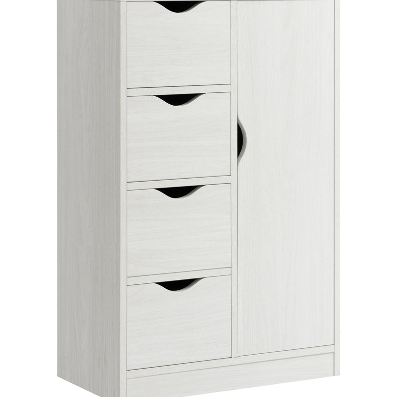 Armoire autoportante à grain de bois blanc pour salle de bain, 4 tiroirs et porte, structure, sangle de basculement, capacité de rangement de 88 lb avec porte pour salle de bain, style, panneau de particules, sécurité, moderne