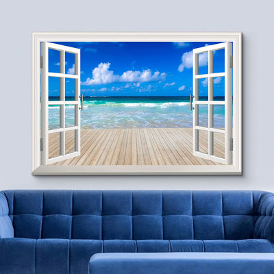 «Window Scenery Clear Sea and Wooden Pier», reproduction d'impression sur toile tendue