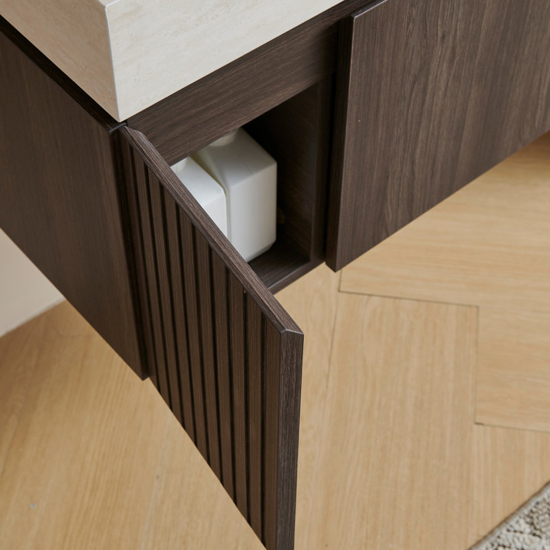 Meuble-lavabo mural de 30 po avec dessus en pierre frittée et lavabo encastré en céramique Muri, 30", Beige, Espresso