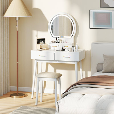 Small Vanity Desk w/Mirror & Lights Cushioned Stool 3 Adjustable Lighting Colors by Ivy Bronx