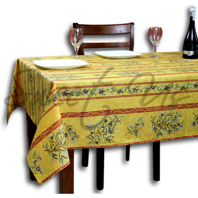 Wipeable Stain Resistant Acrylic Coated French Provencal Cotton Olive Floral Tablecloth, 116" x 60", Yellow