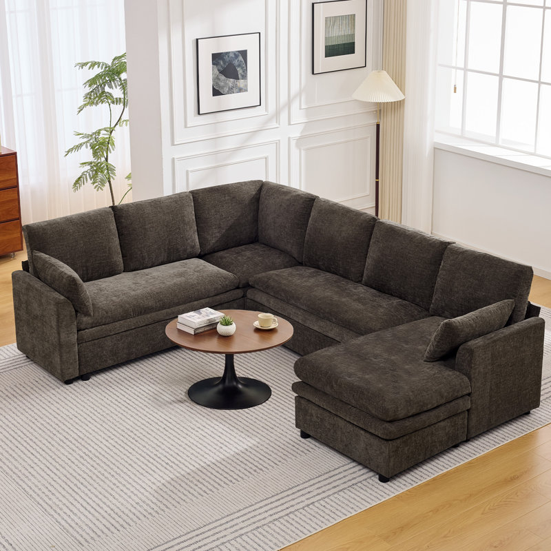  Modular Sectional Sofa with Chaise Lounge, Comfy Deep Dual-Layer Cushion Couch, Brown, 7 Seater Right Chaise Couch