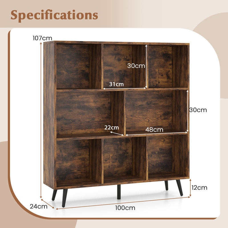 107cm H x 100cm W Metal Standard Bookcase, Brown
