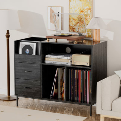 Mid-Century Record Player Stand With Power Outlet & Flip-Down Lid, Media Console With Speaker Shelf & 2 Drawers, 35.4" W Record Player Table Holds Up To 300 Albums Vinyl Storage Display Shelf For Living Room, Black