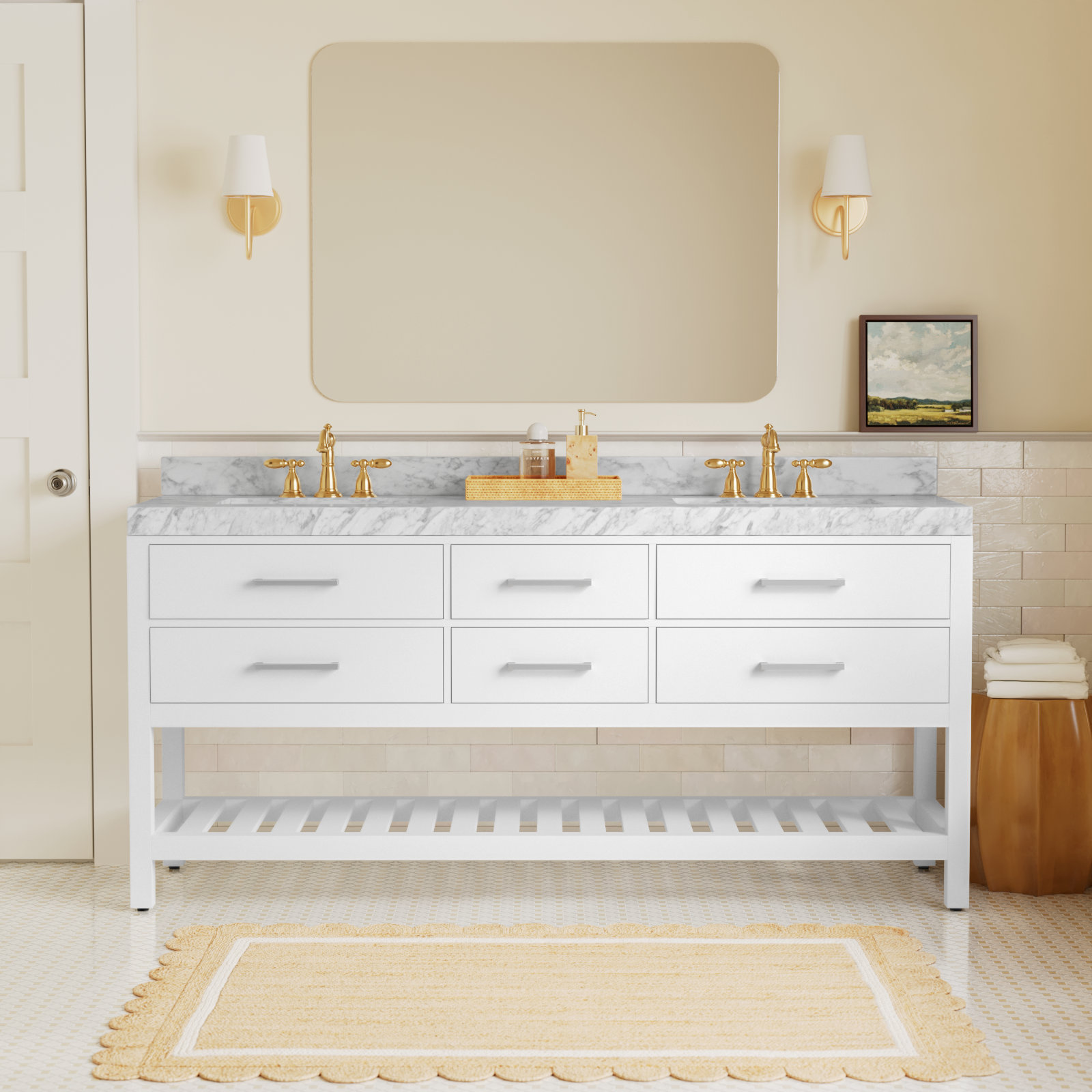 Carrie 72'' Double Bathroom Vanity, White| Brushed Nickel