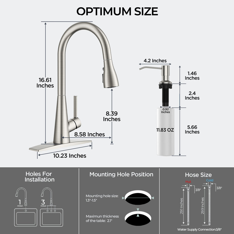 Pull Down Kitchen Faucet With Deck Plate, Stainless Steel, With Soap Dispenser