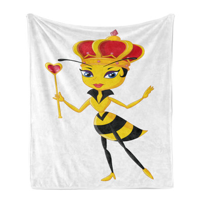 Ambesonne Queen Bee Fleece Throw Blanket Cartoon Style Bee Scarlet Black Yellow