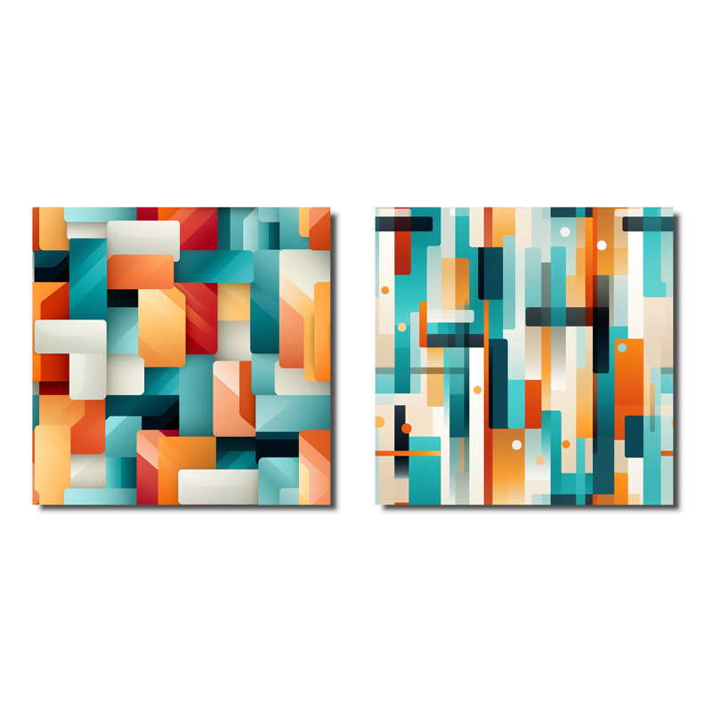 Orange et vert Popart Pop culture Pixels - formes abstraites carrées collage ensemble de 2, Toile tendue, H 16 po x l 33 po