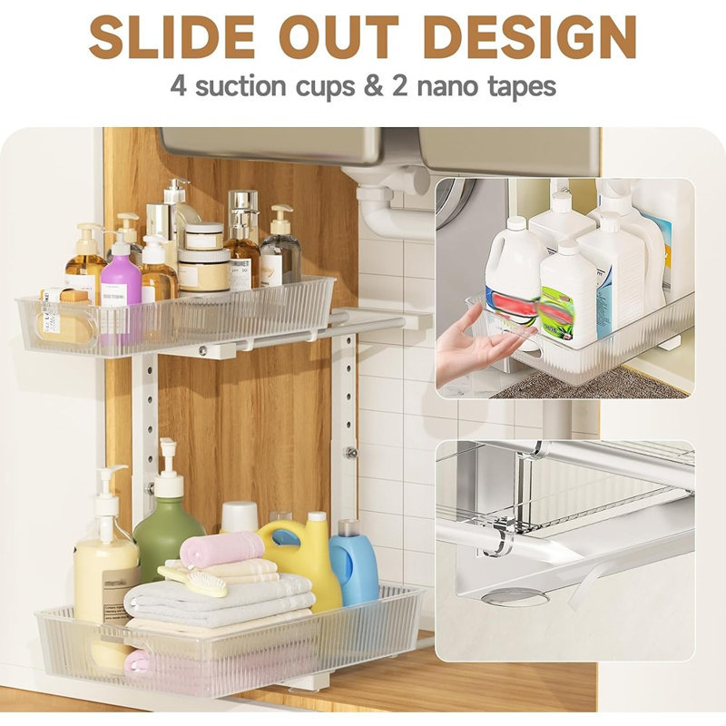 2-Pack 2-Tier Under Sink Pull-Out Organizer, Slide-Out Storage For Kitchen, Bathroom, Or Laundry, White