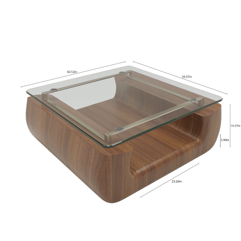 Modern Walnut & Glass Coffee Table, Curved Wooden Design with Tempered Glass Top, Open Storage Shelf, Mid-Century Center Table for Living Room