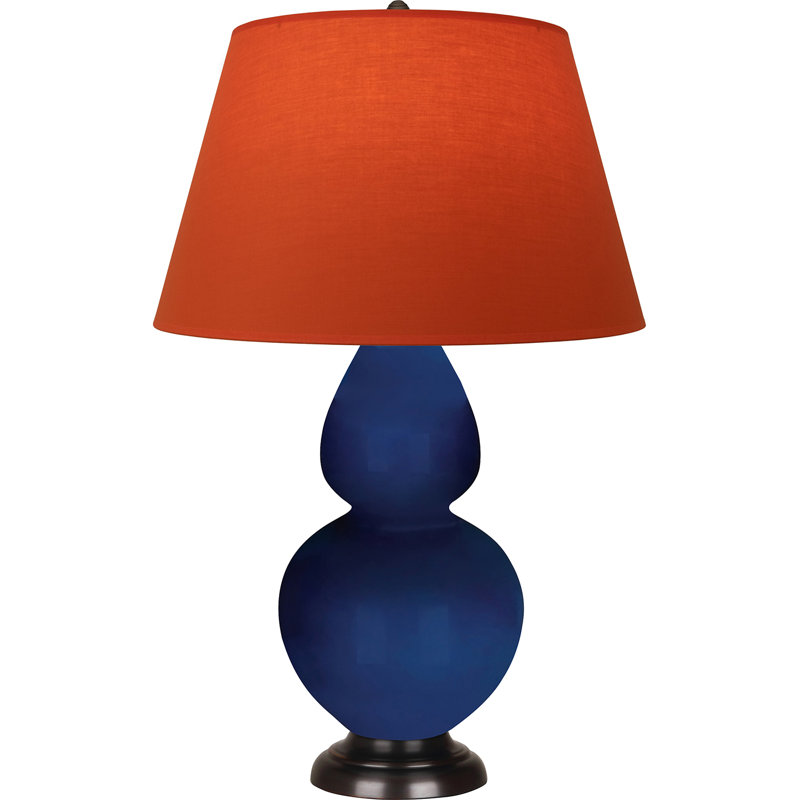 Lampe de table double gourde en céramique, Cobalt émaillé / bronze, Tangerine / doublure taupe, Bronze