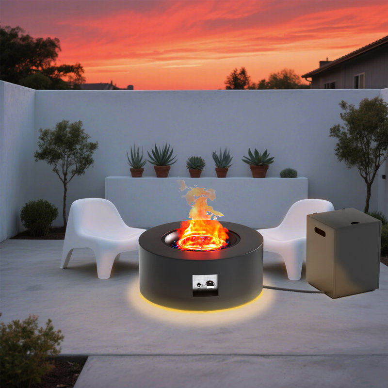 30 In Round Dark Gray Metal Outdoor Propane Fire Pit Table With Golden Led Light Strip