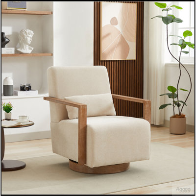 Fauteuil d'appoint pivotant de 29,72 po de largeur avec accoudoirs en bois massif et fauteuil de lecture confortable à 360 degrés, fauteuil d'appoint pour hôtel, chambre à coucher, salon, bureau et chambre de bébé, vert pâle