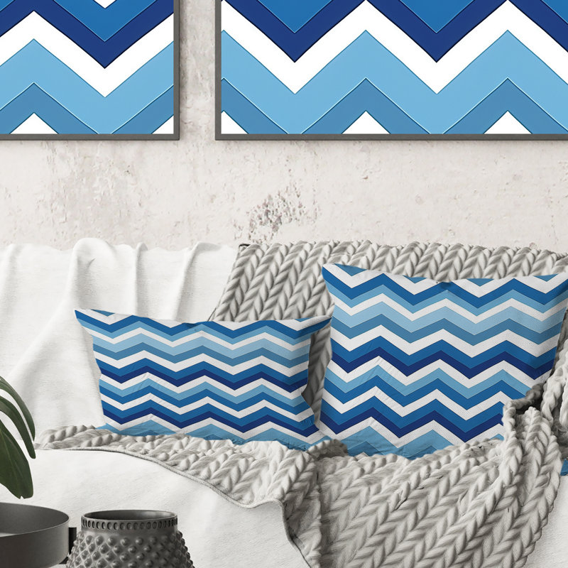 Motif à chevrons bleu et blanc - Coussin décoratif moderne, H 18 po x l 18 po