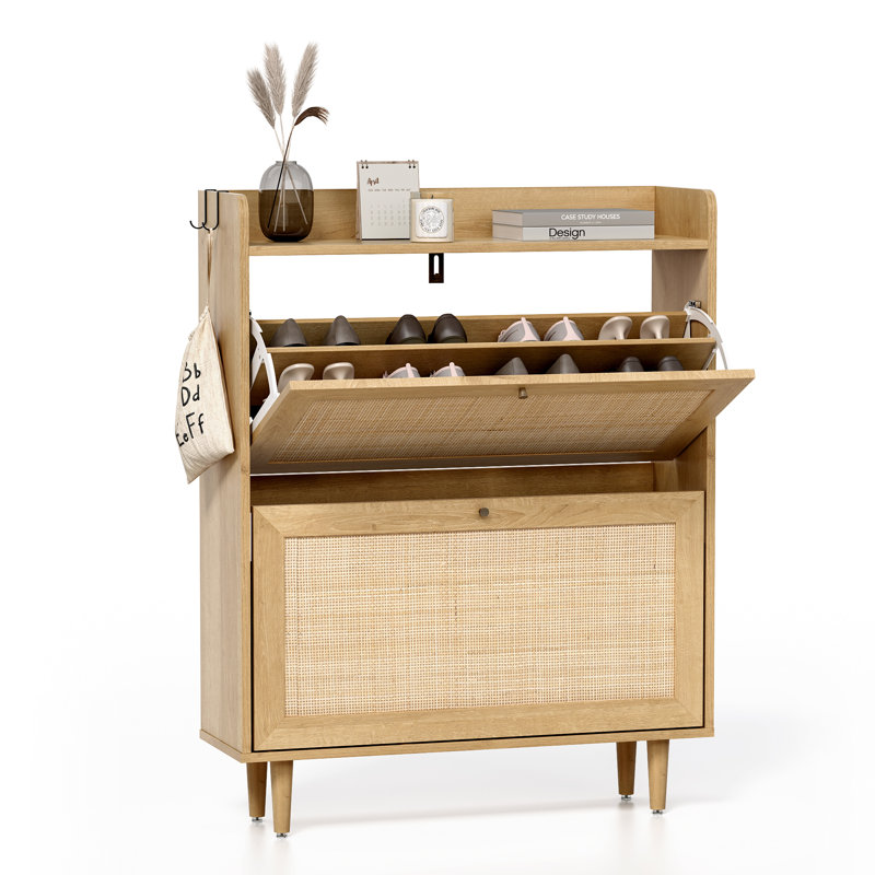 Rattan Shoe Cabinet With 2 Flip Drawers