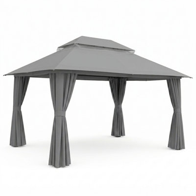 Yardgrace 13 ft. x 10 ft. Soft Top Patio Gazebo with 2-Tier Canopy, Mesh Netting & Privacy Curtains, Gray