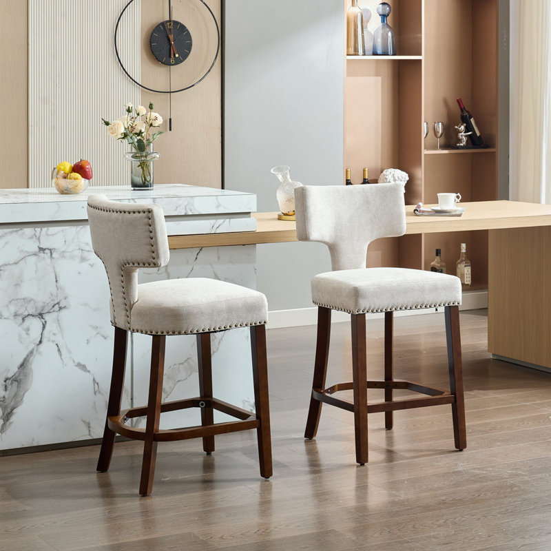 Upholstered Bar Stools Set of 2 with nails decoration, Beige