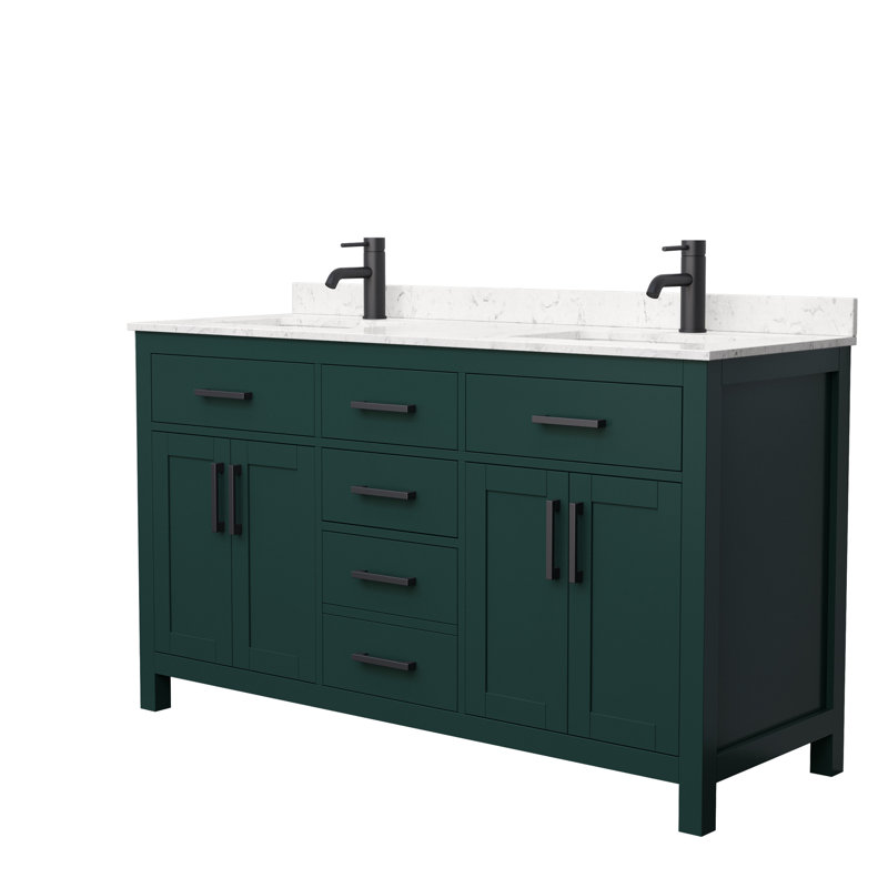 Meuble-lavabo double autoportant de 60 po avec plateau en marbre Beckett, Vert, Noir mat, Marbre de culture de Carrare