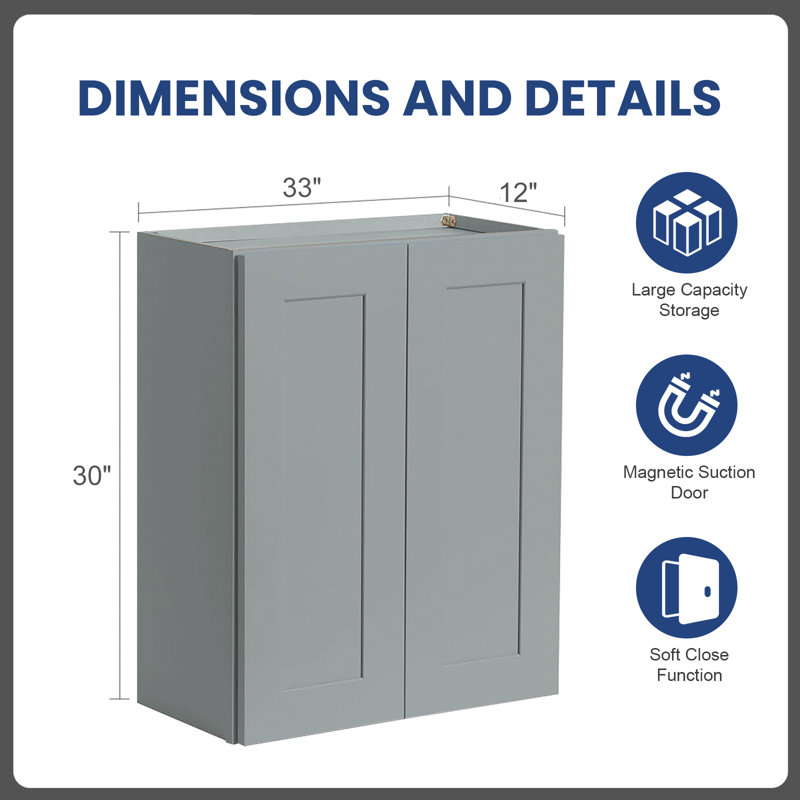 Armoire de cuisine murale en contreplaqué prête à assembler avec 2 tablettes réglables et portes à fermeture en douceur, Gris