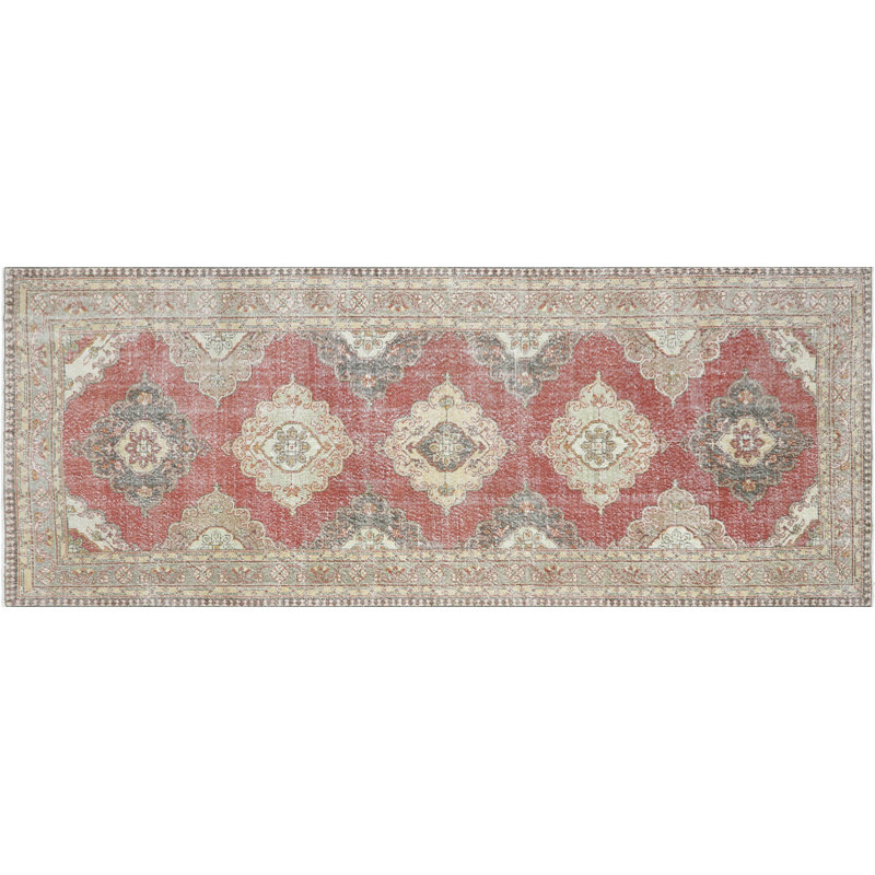 One-of-a-Kind Hand-Knotted 1960s 4'11" x 12'9" Runner Wool Area Rug in Red/Gray/Brown