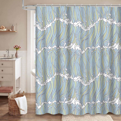 Waterproof Vintage Ocean Art Japanese Wave Shower Curtain with 12 Hooks