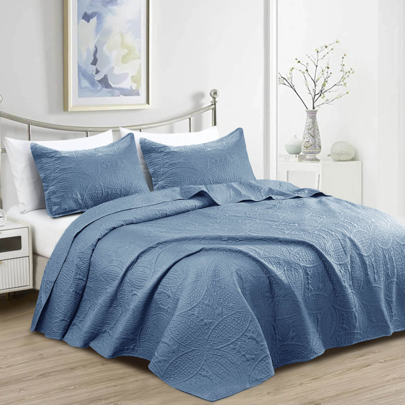 3 Piece Bedspread Set - Reversible Quilt Set - Lightweight Microfiber Coverlet for Queen King Twin, Bluish Gray