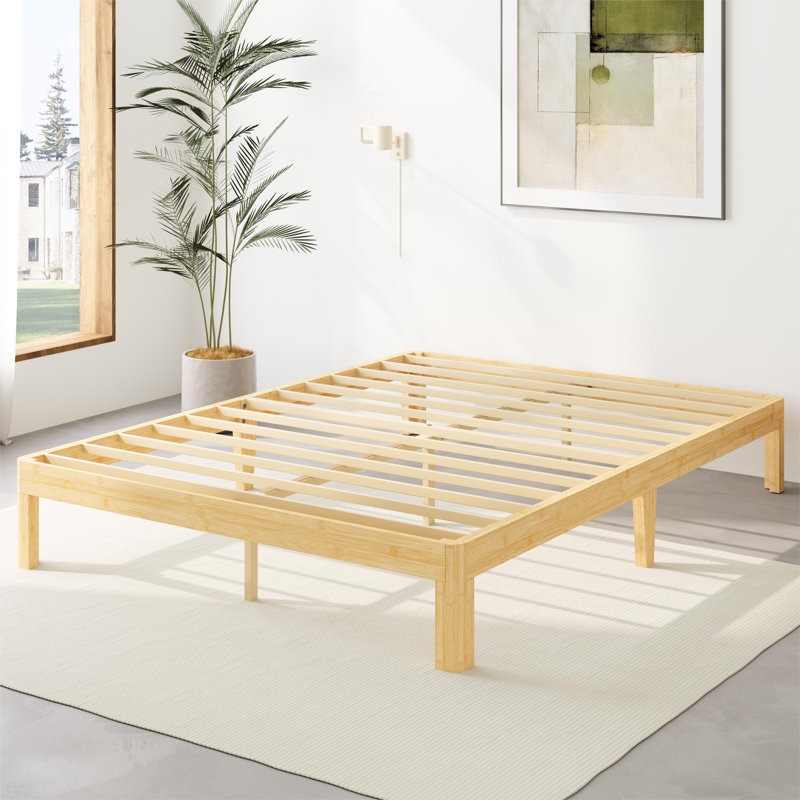 Structure de lit plateforme robuste de 14 po Amylia, structure silencieuse silencieuse, vernis écologique sans formaldéhyde, bois massif et fer en bambou, aucun sommier requis pour la chambre à coucher