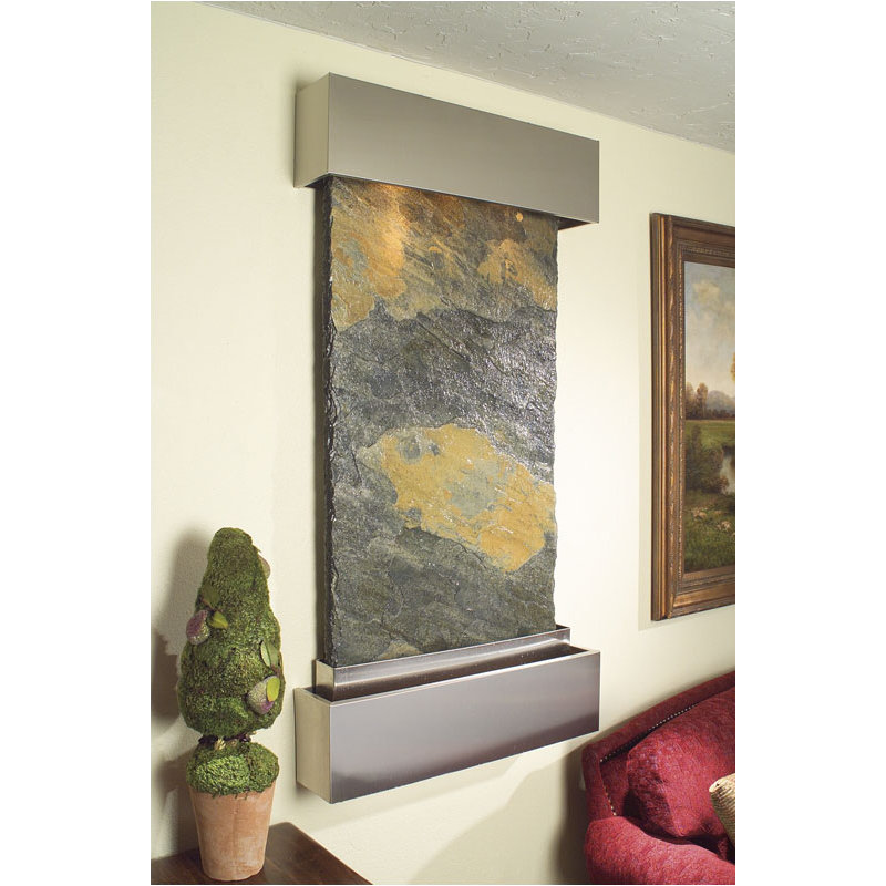 Inspiration Falls Natural Stone Fountain with Light, Stainless Steel, Multi-Color Feather