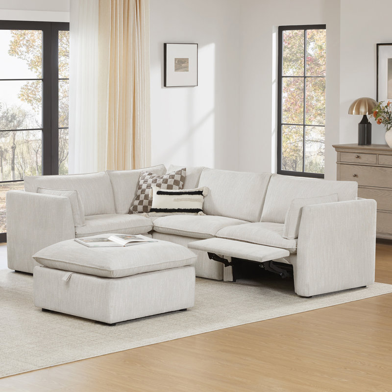 Modular Power Sectional With Ottoman, Light Gray Polyester