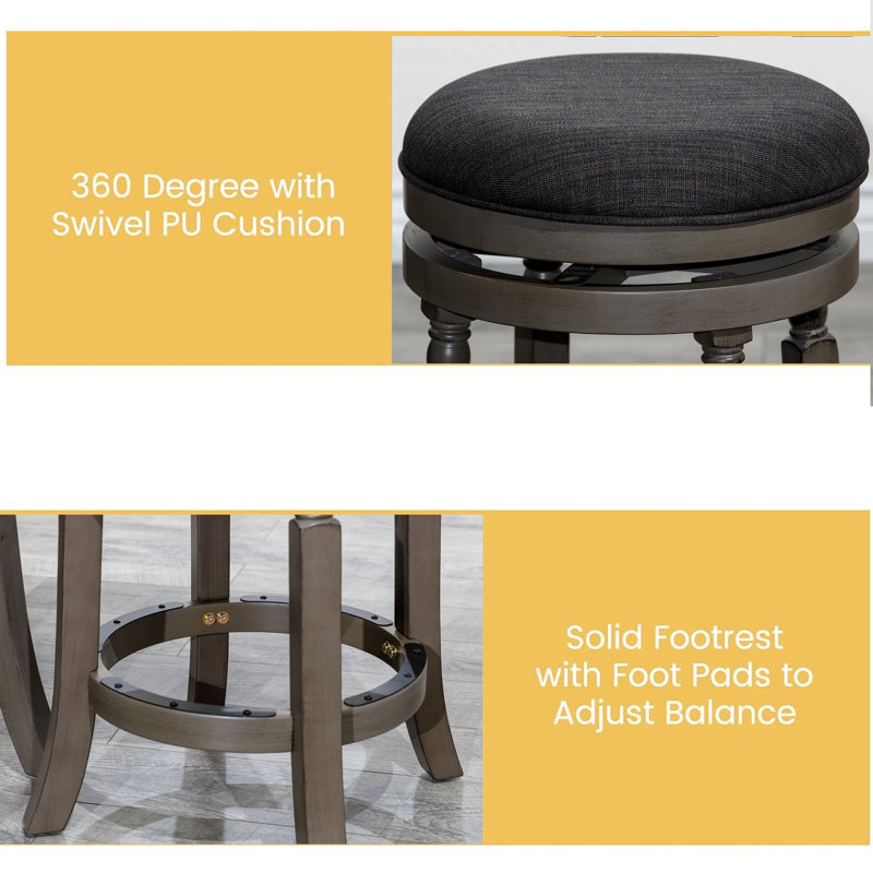 Yannakeas Swivel Upholstered Counter Stool with Solid Wood Frame, Counter Stool (24” Seat Height, Weathered Grey, Charcoal