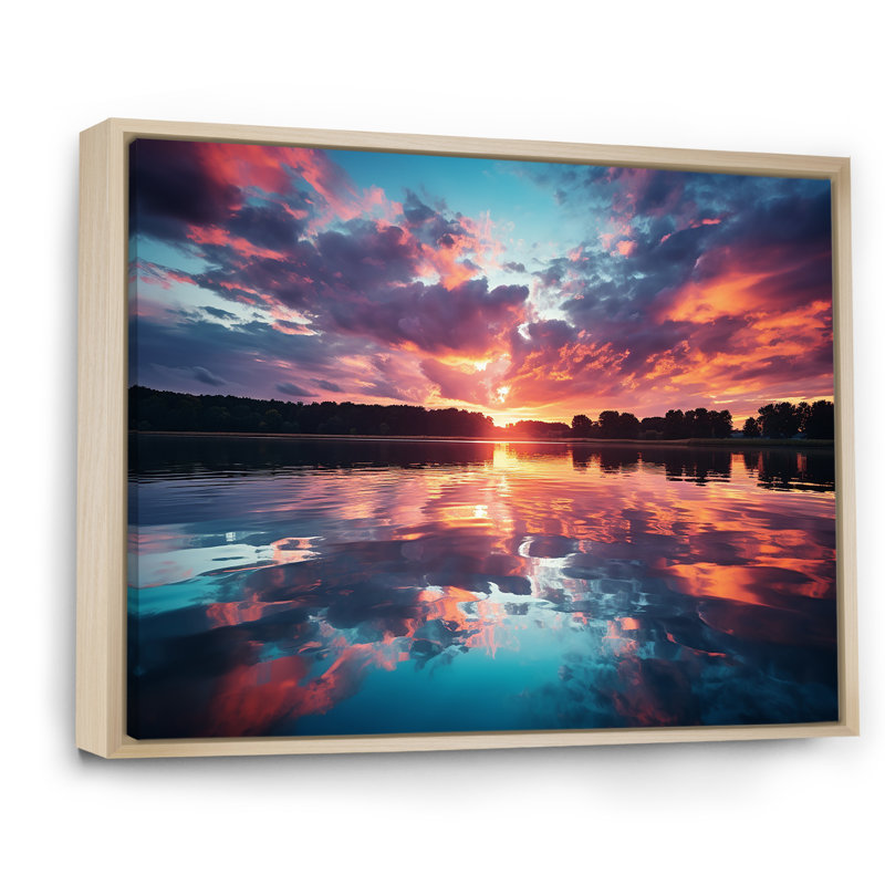 Horizon, coucher de soleil au bord du lac III - lac, art mural, Cadre flottant brun, H 30 po x l 40 po x P 1,5 po
