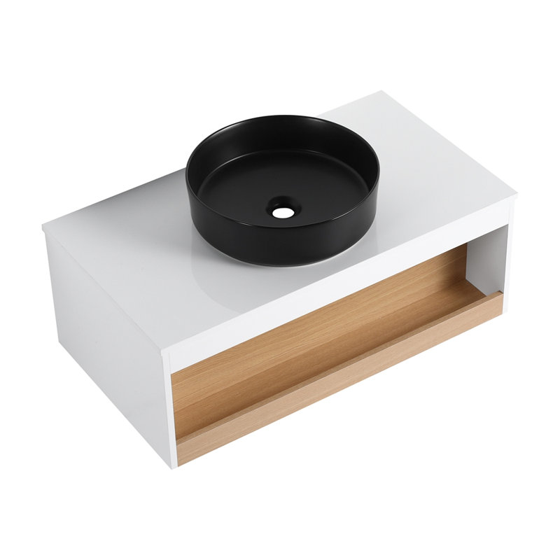 Lavabo vasque rond 36 po, meuble-lavabo mural avec rangement ouvert, finition blanche avec comptoir durable, conception moderne peu encombrante (livré dans 2 boîtes)