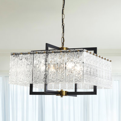 Onuh Modern Rectangular Crystal Chandelier, 4-Light Black Water Ripple Glass Pendant Lighting, 19.69" Semi Flush Mount Light Fixtures with Adjustable Rod for Living Room, Kitchen Island