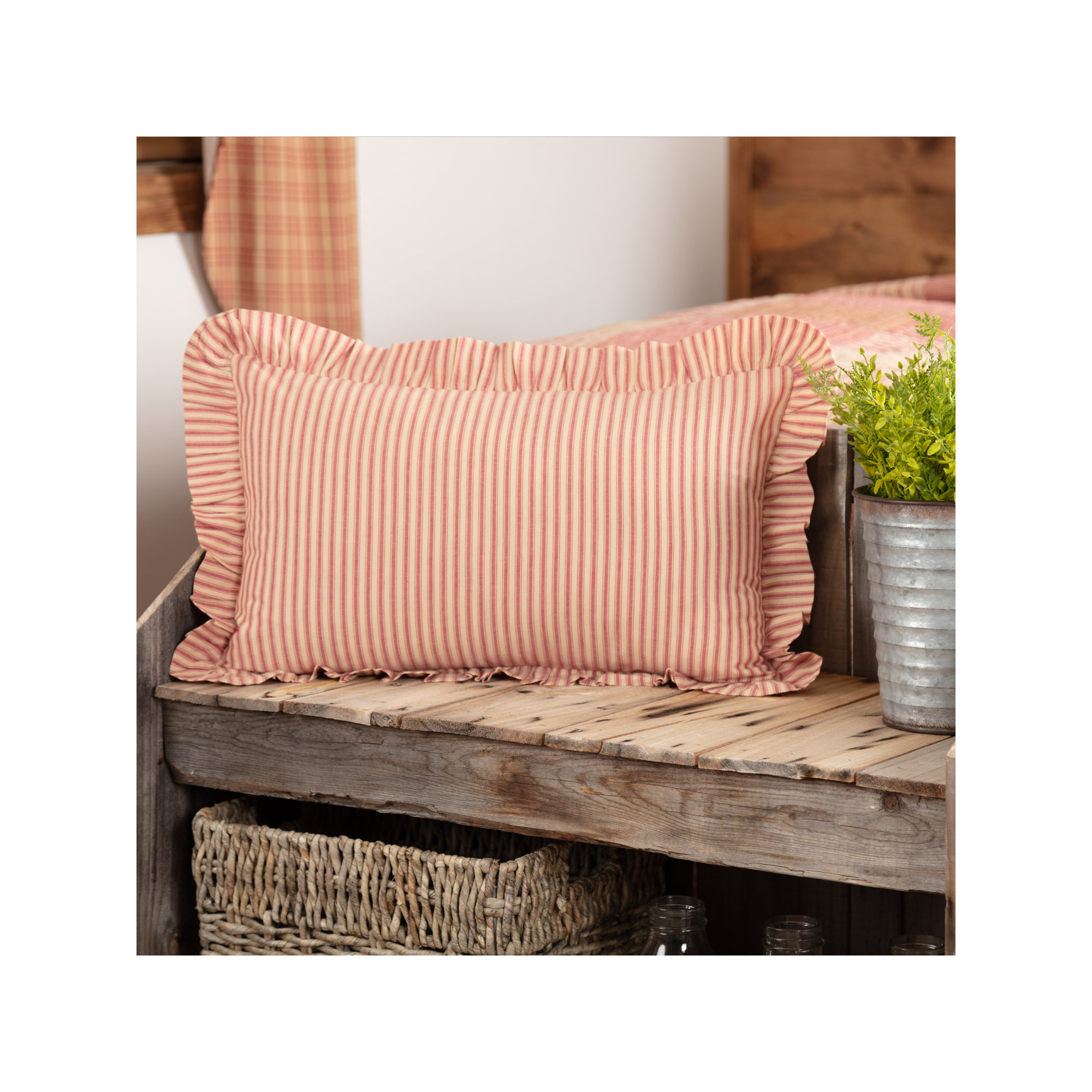 Ruffled Cotton Lumbar Throw Pillow, Country Red/Dark Tan, Polyester/Polyfill