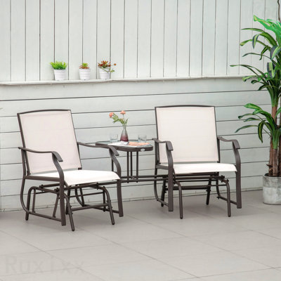 Beige Outdoor Glider Chairs With Coffee Table Patio 2-Seat Rocking Chair Swing Loveseat With Breathable Sling For Backyard Garden And Porch