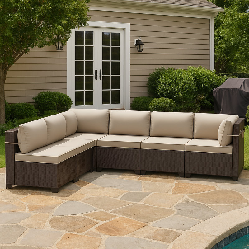 6-Piece All-Weather HDPE Wicker L-Shaped Patio Sectional Sofa Set With Cushions, Sand