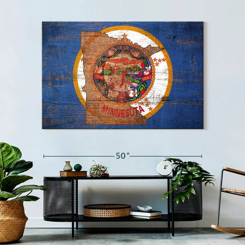 Borges State Map Over Minnesota Flag, 34" H x 51" W